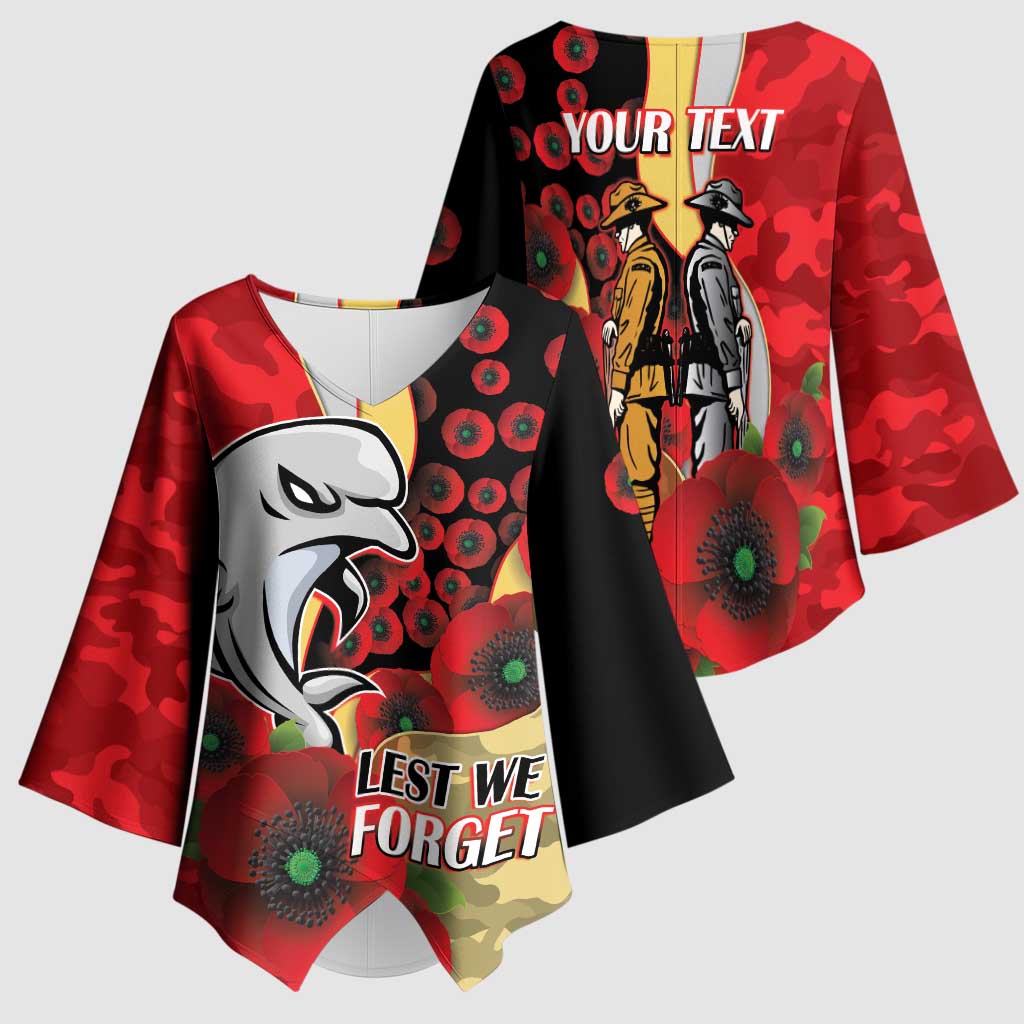 Redcliffe Dolphins ANZAC Personalised Kimono Sleeve Blouse Lest We Forget Poppy Camo