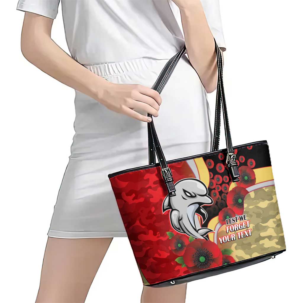 Redcliffe Dolphins ANZAC Personalised Leather Tote Bag Lest We Forget Poppy Camo