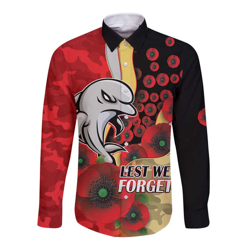 Redcliffe Dolphins ANZAC Personalised Long Sleeve Button Shirt Lest We Forget Poppy Camo