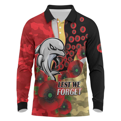 Redcliffe Dolphins ANZAC Personalised Long Sleeve Polo Shirt Lest We Forget Poppy Camo