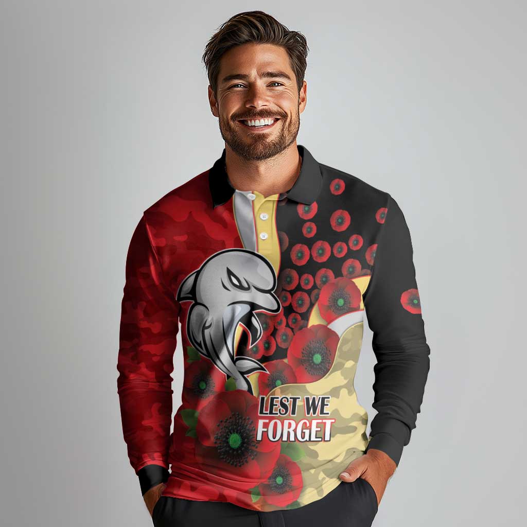 Redcliffe Dolphins ANZAC Personalised Long Sleeve Polo Shirt Lest We Forget Poppy Camo