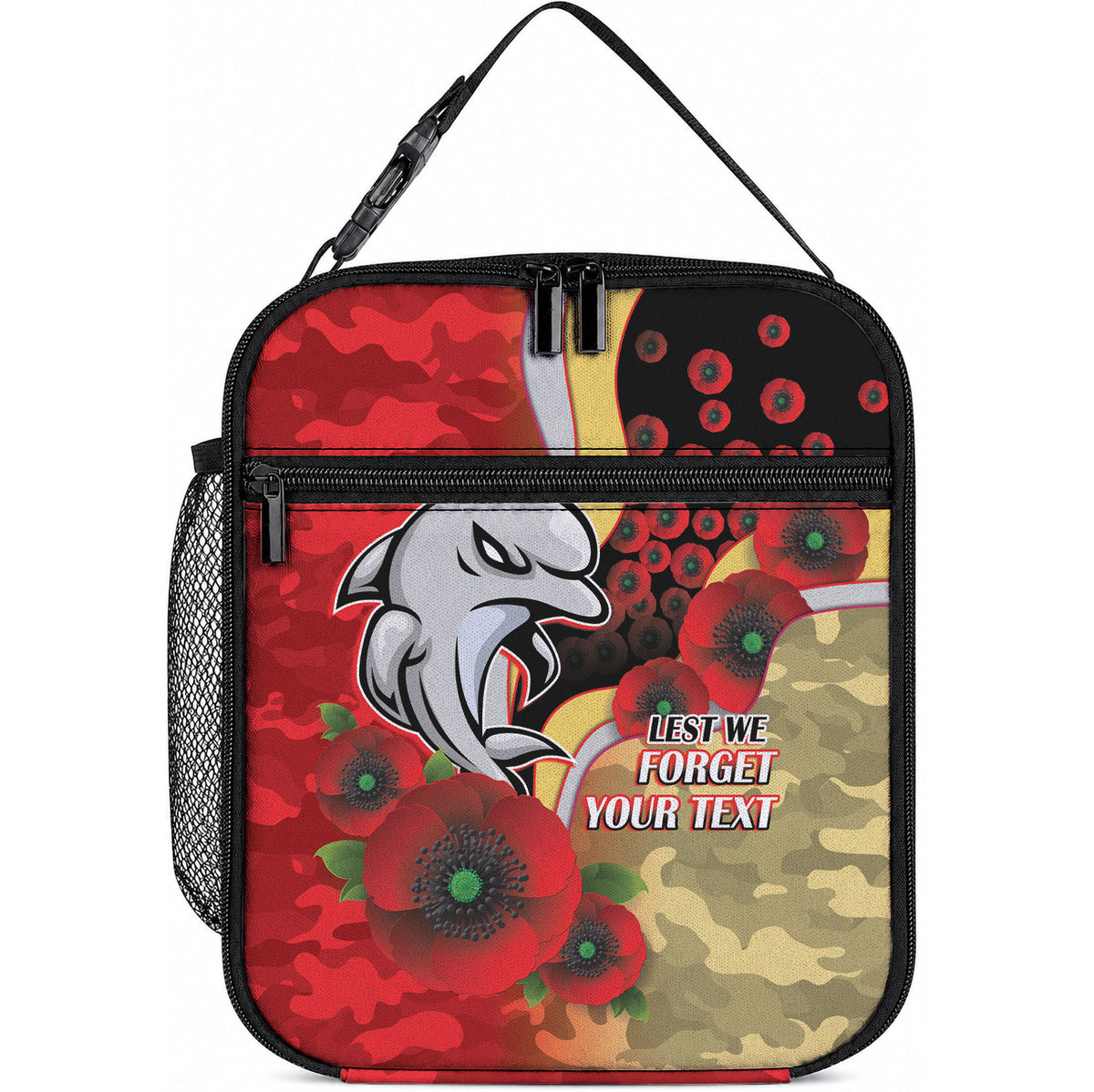 Redcliffe Dolphins ANZAC Personalised Lunch Bag Lest We Forget Poppy Camo