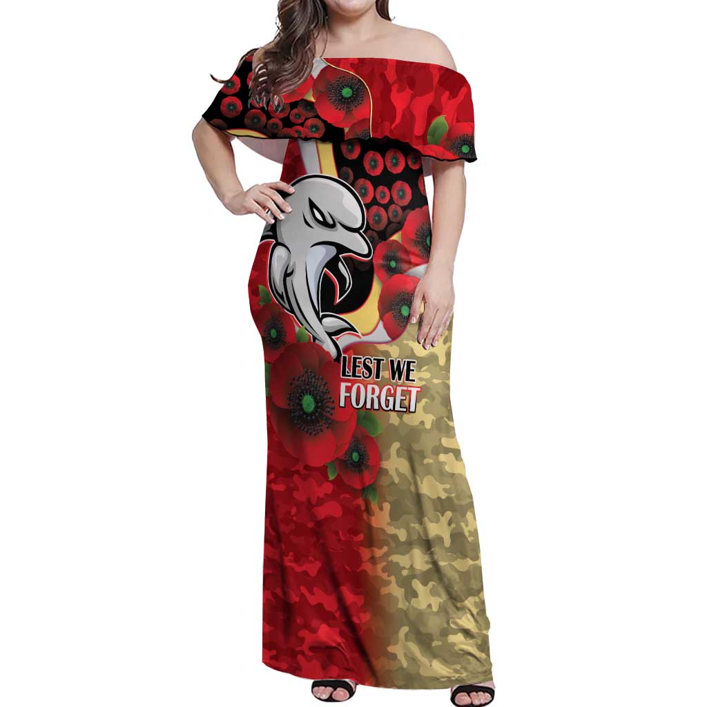 Redcliffe Dolphins ANZAC Personalised Off Shoulder Maxi Dress Lest We Forget Poppy Camo