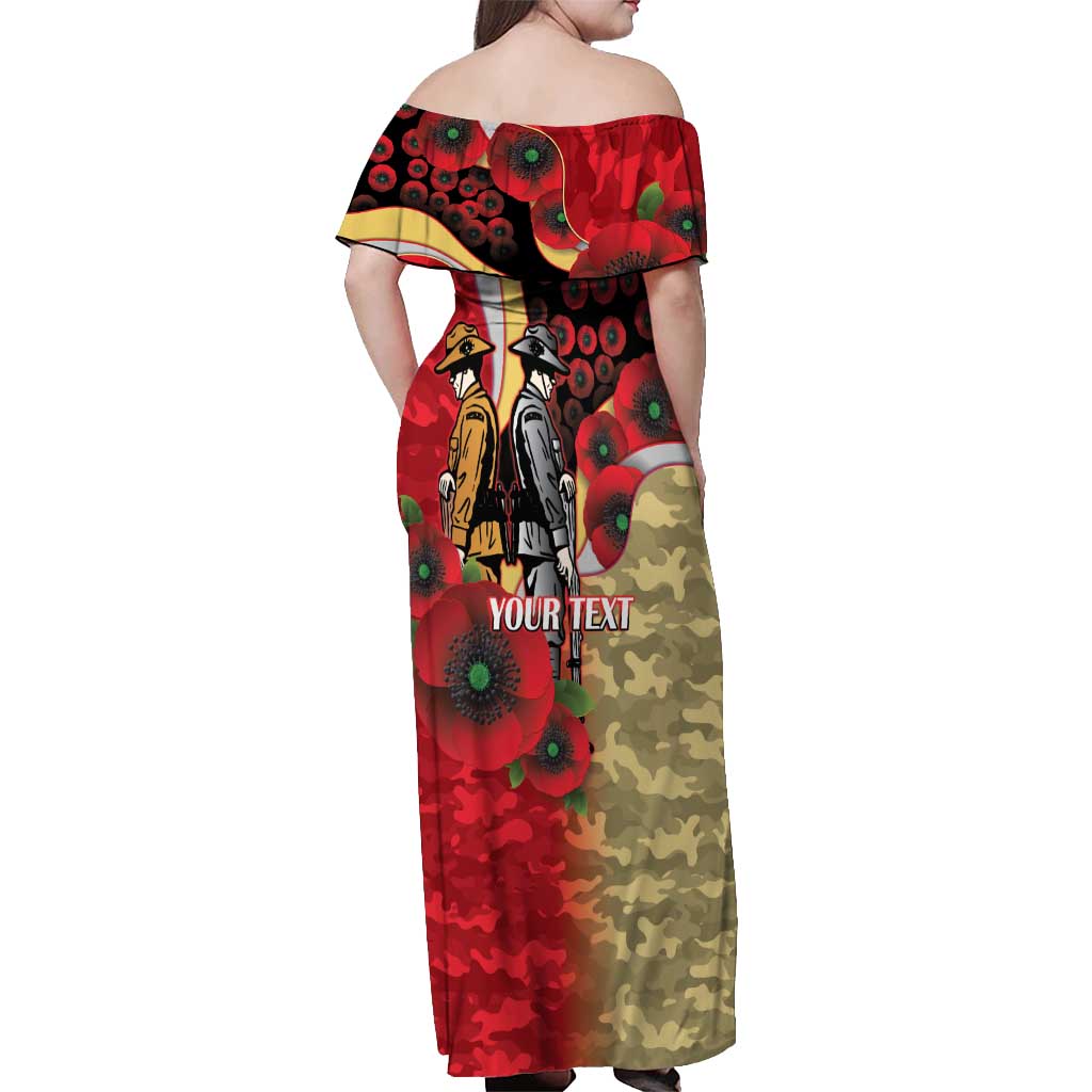 Redcliffe Dolphins ANZAC Personalised Off Shoulder Maxi Dress Lest We Forget Poppy Camo