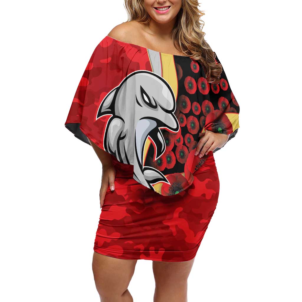 Redcliffe Dolphins ANZAC Personalised Off Shoulder Short Dress Lest We Forget Poppy Camo