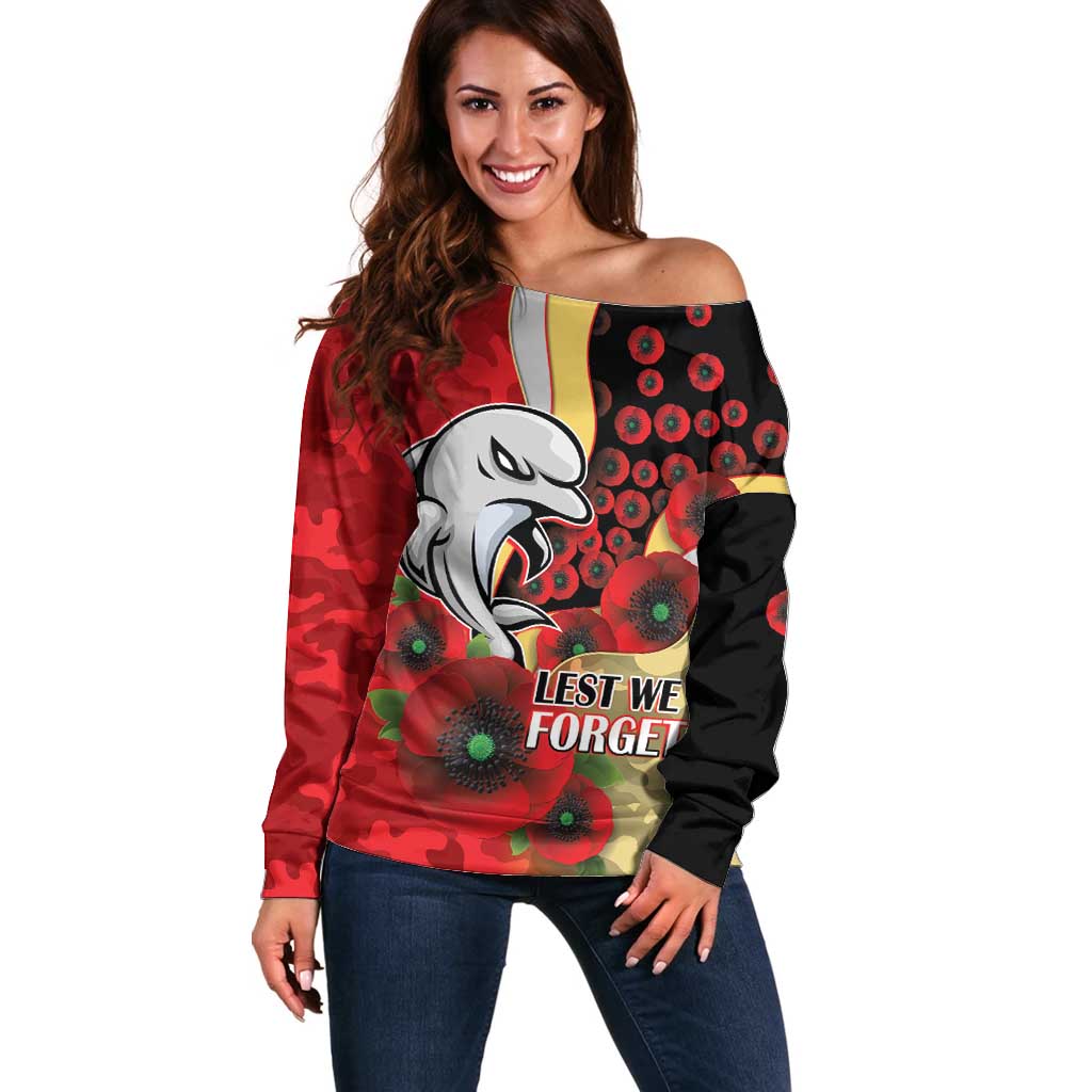 Redcliffe Dolphins ANZAC Personalised Off Shoulder Sweater Lest We Forget Poppy Camo