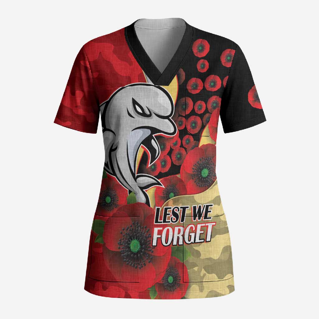 Redcliffe Dolphins ANZAC Personalised Scrub Top Lest We Forget Poppy Camo