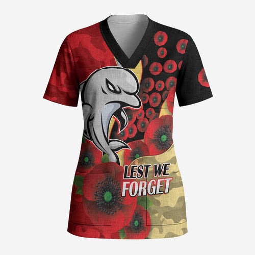 Redcliffe Dolphins ANZAC Personalised Scrub Top Lest We Forget Poppy Camo