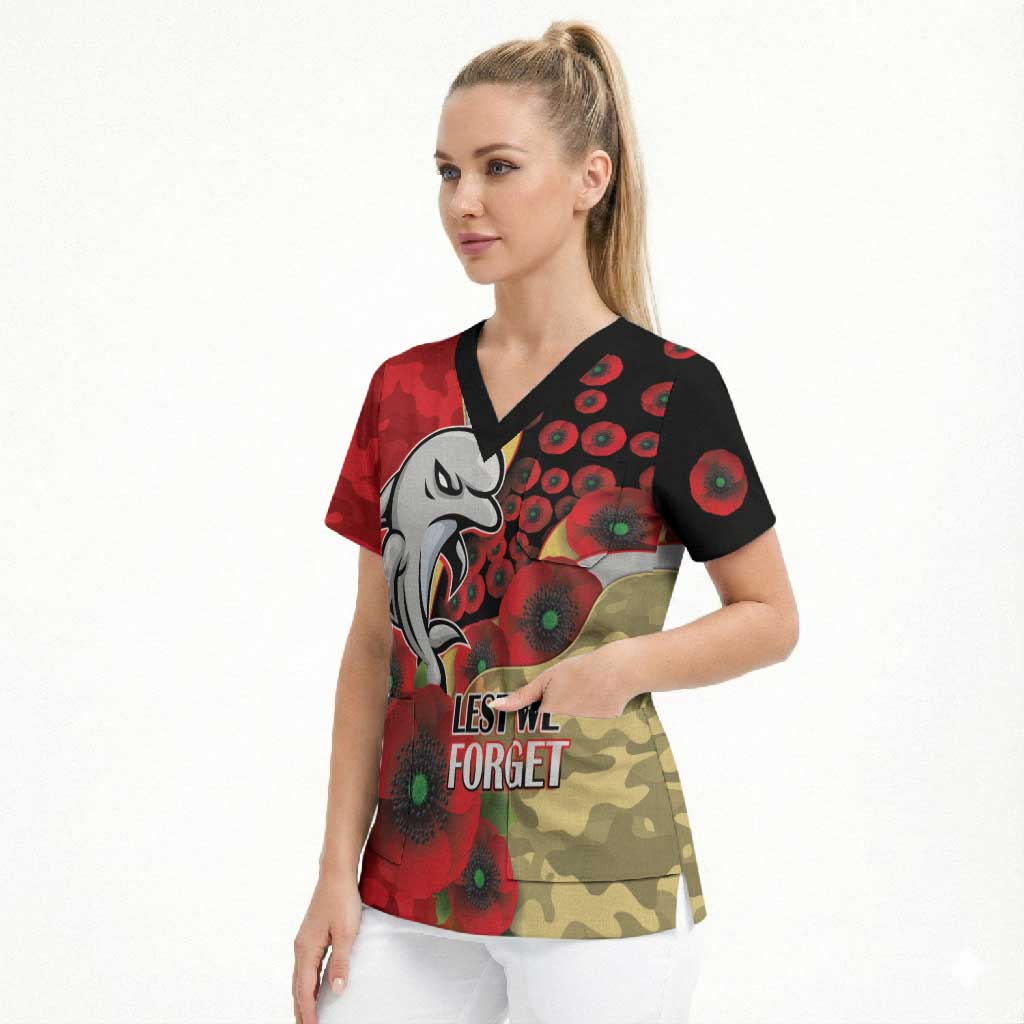 Redcliffe Dolphins ANZAC Personalised Scrub Top Lest We Forget Poppy Camo