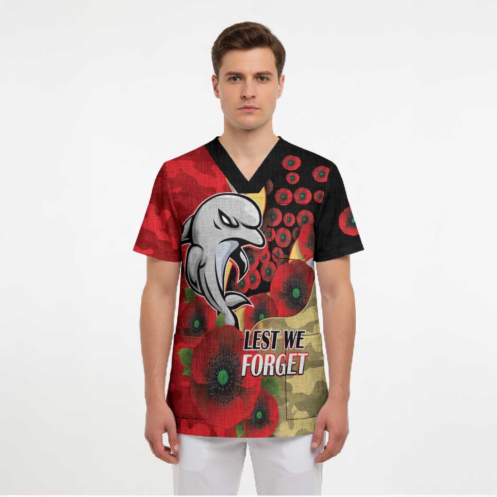 Redcliffe Dolphins ANZAC Personalised Scrub Top Lest We Forget Poppy Camo