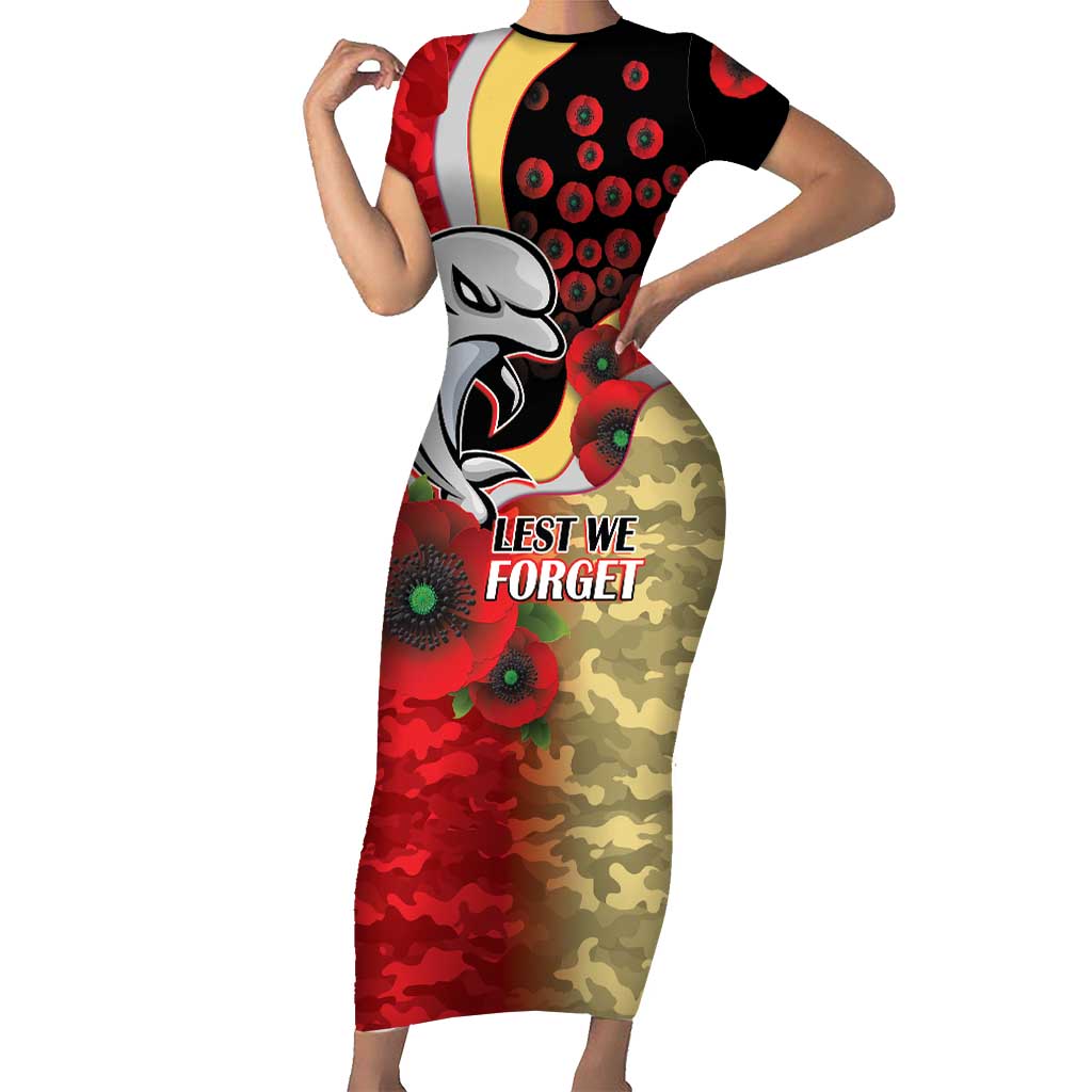 Redcliffe Dolphins ANZAC Personalised Short Sleeve Bodycon Dress Lest We Forget Poppy Camo