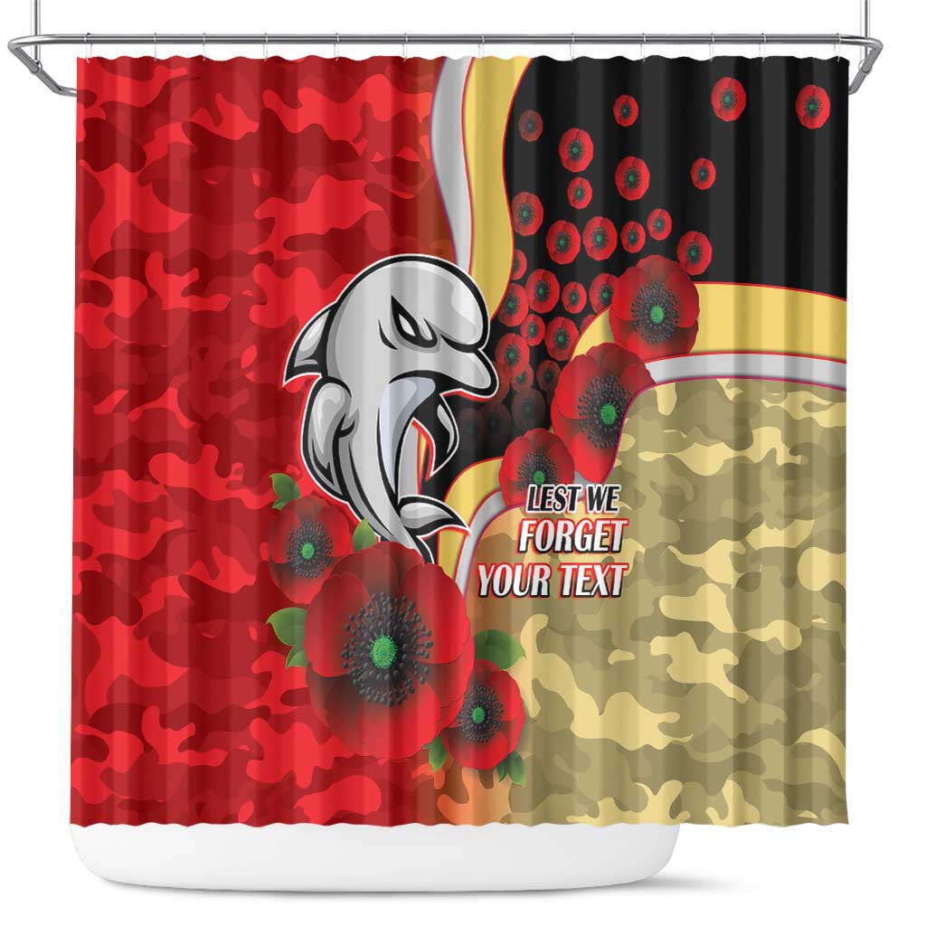 Redcliffe Dolphins ANZAC Personalised Shower Curtain Lest We Forget Poppy Camo