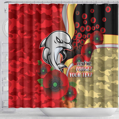 Redcliffe Dolphins ANZAC Personalised Shower Curtain Lest We Forget Poppy Camo