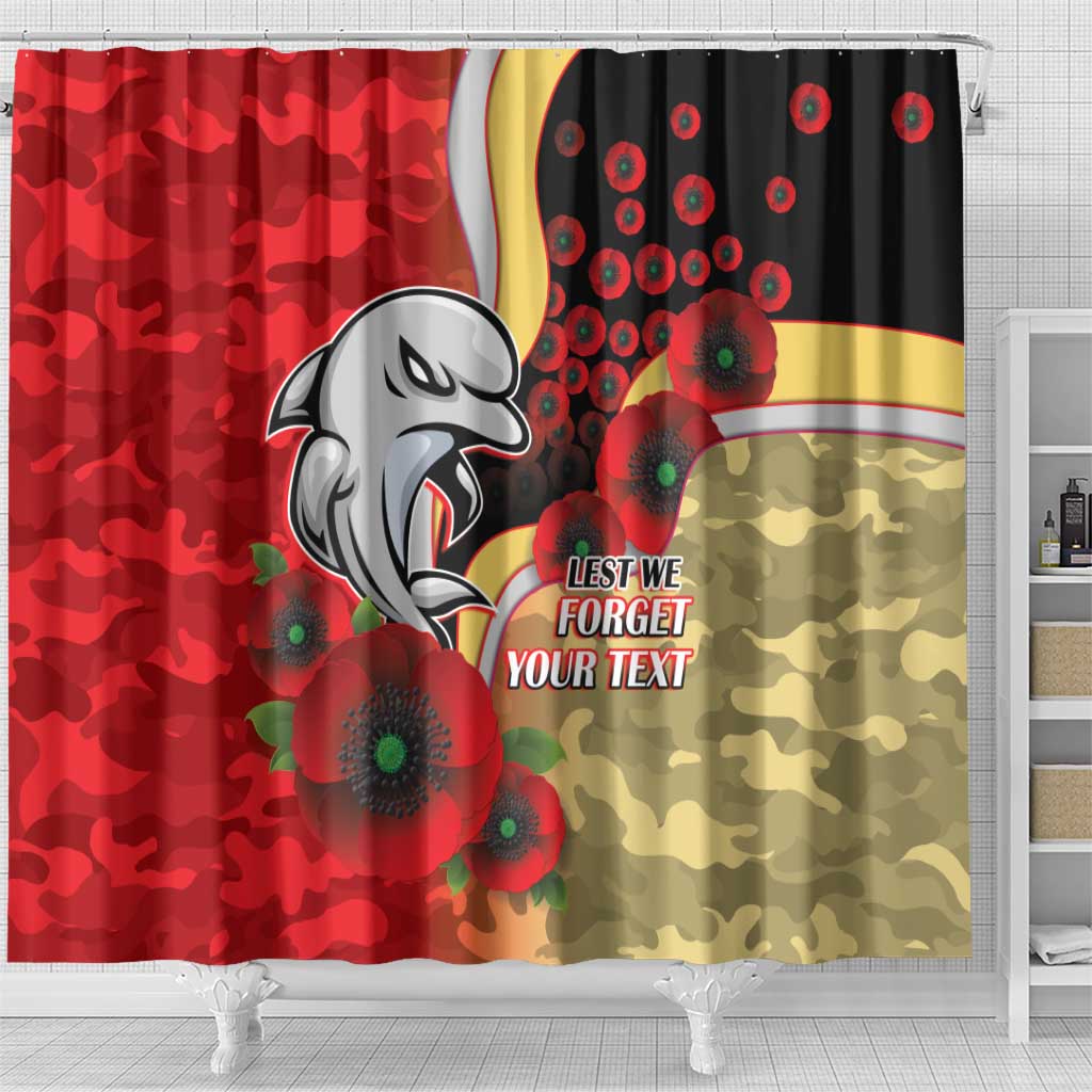 Redcliffe Dolphins ANZAC Personalised Shower Curtain Lest We Forget Poppy Camo