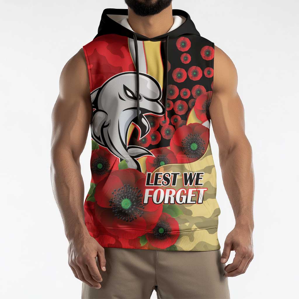 Redcliffe Dolphins ANZAC Personalised Sleeveless Hoodie Lest We Forget Poppy Camo
