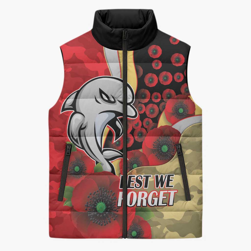 Redcliffe Dolphins ANZAC Personalised Sleeveless Puffer Jacket Lest We Forget Poppy Camo