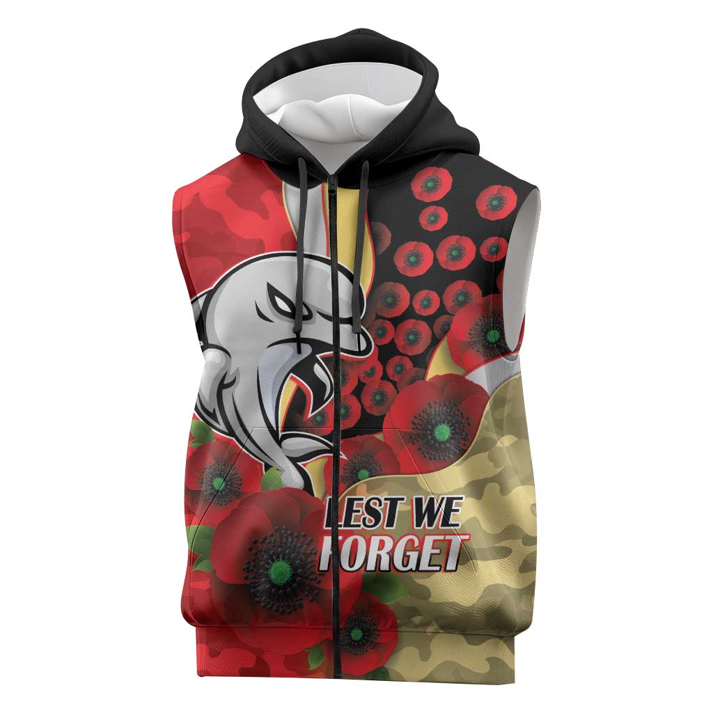 Redcliffe Dolphins ANZAC Personalised Sleeveless Zip Hoodie Lest We Forget Poppy Camo
