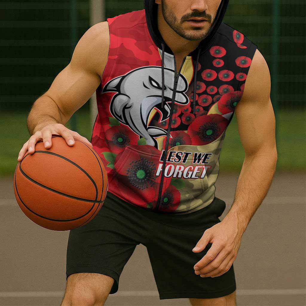 Redcliffe Dolphins ANZAC Personalised Sleeveless Zip Hoodie Lest We Forget Poppy Camo
