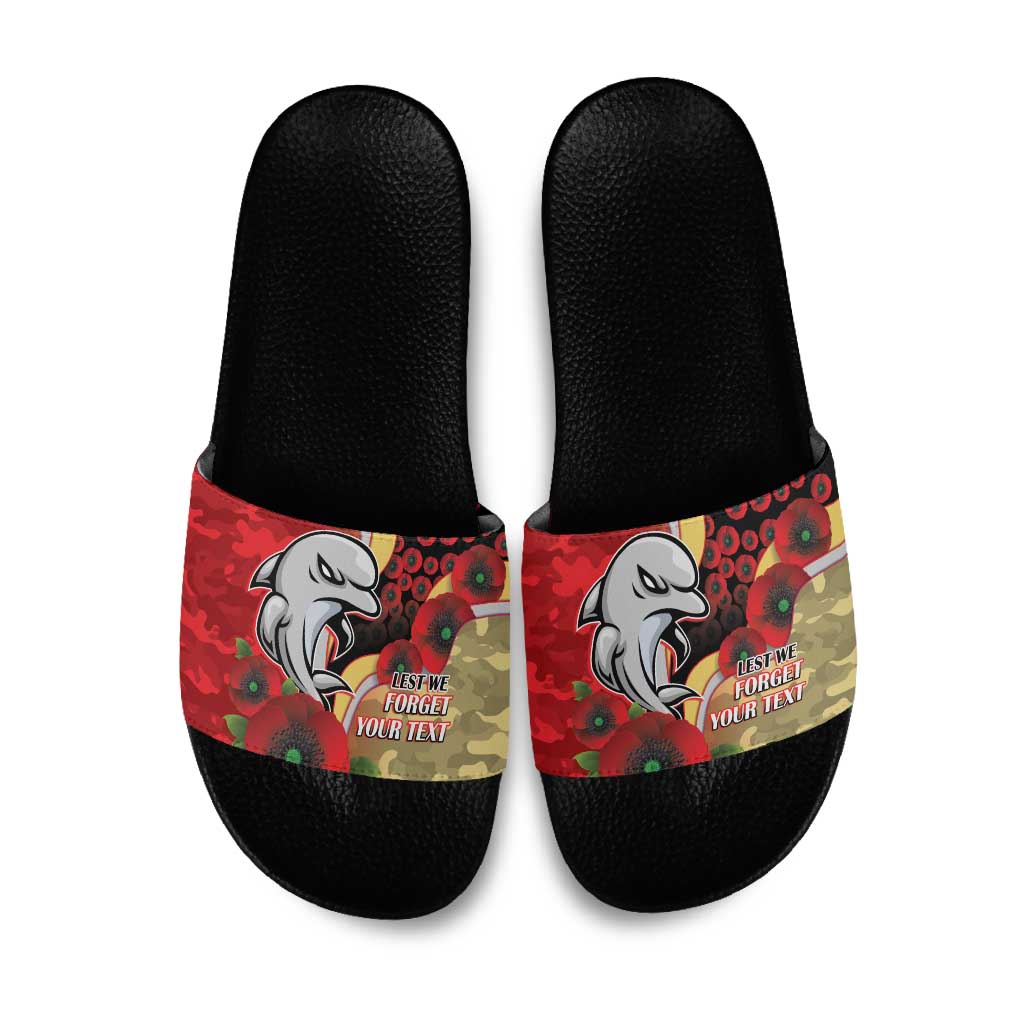Redcliffe Dolphins ANZAC Personalised Slide Sandals Lest We Forget Poppy Camo