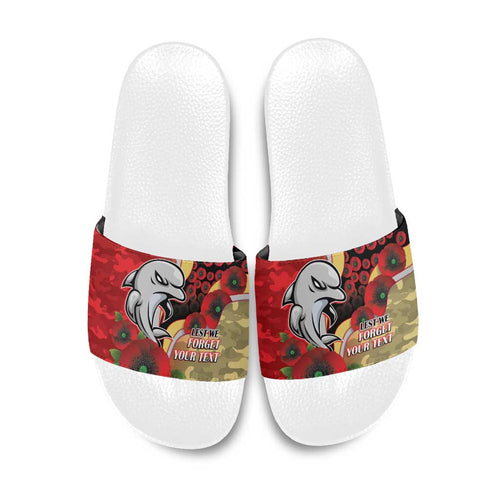Redcliffe Dolphins ANZAC Personalised Slide Sandals Lest We Forget Poppy Camo