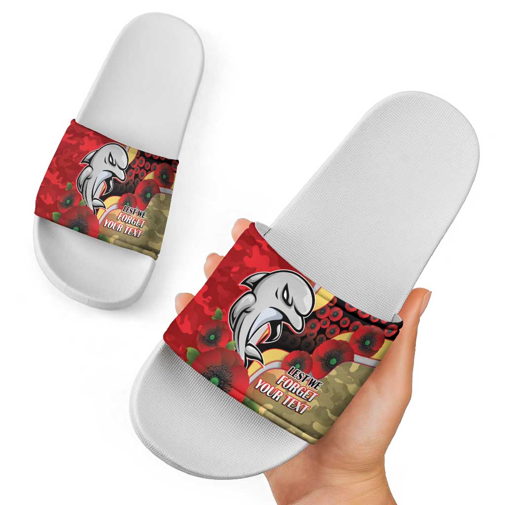 Redcliffe Dolphins ANZAC Personalised Slide Sandals Lest We Forget Poppy Camo