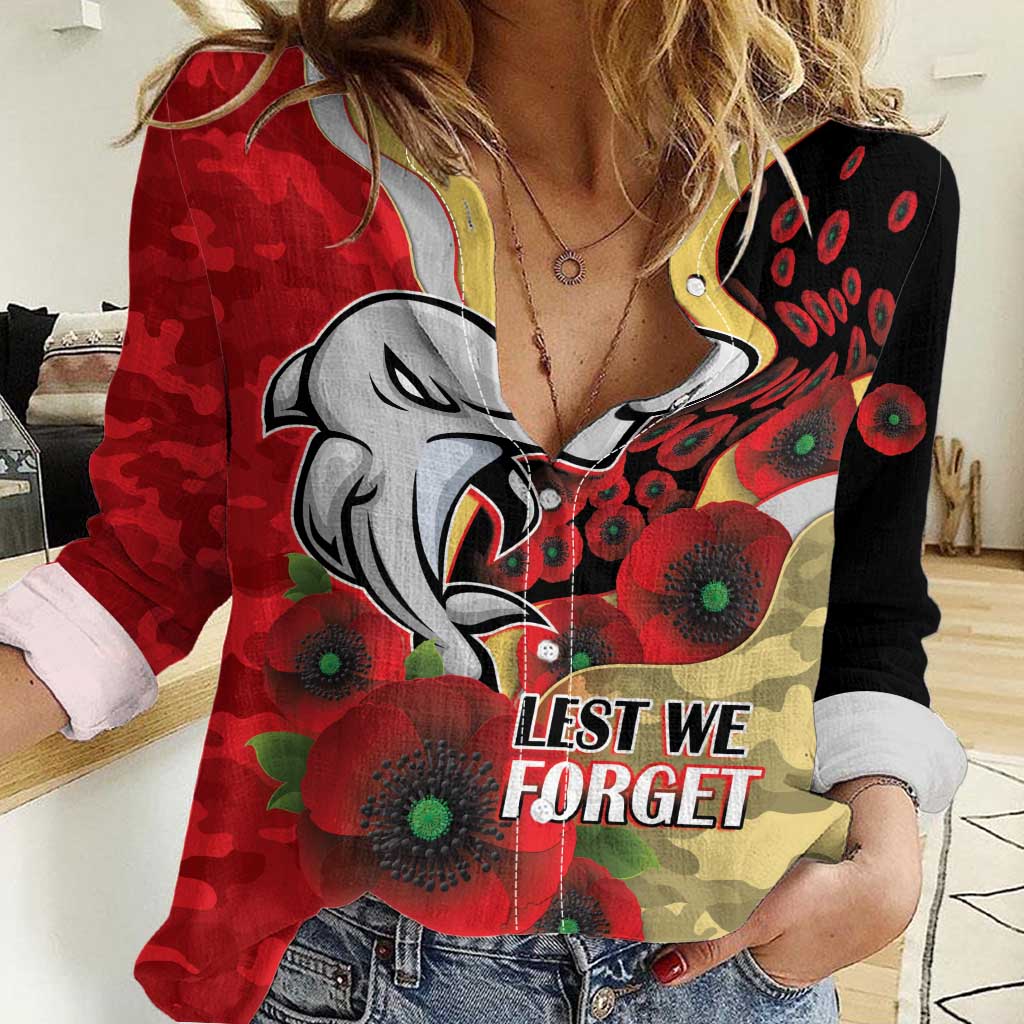 Redcliffe Dolphins ANZAC Personalised Women Casual Shirt Lest We Forget Poppy Camo