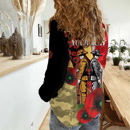Redcliffe Dolphins ANZAC Personalised Women Casual Shirt Lest We Forget Poppy Camo