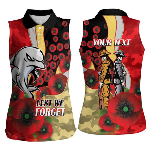 Redcliffe Dolphins ANZAC Personalised Women Sleeveless Polo Shirt Lest We Forget Poppy Camo
