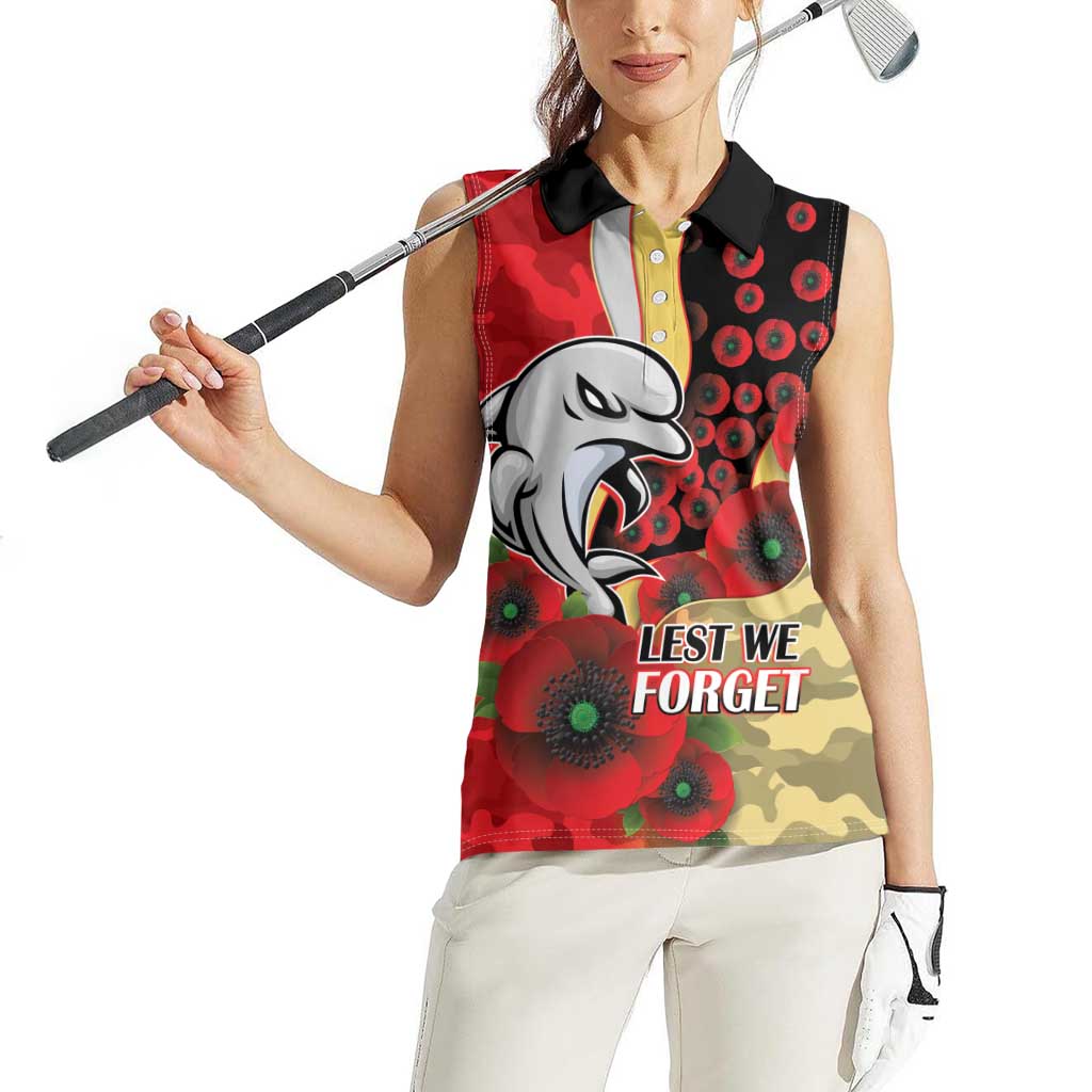 Redcliffe Dolphins ANZAC Personalised Women Sleeveless Polo Shirt Lest We Forget Poppy Camo