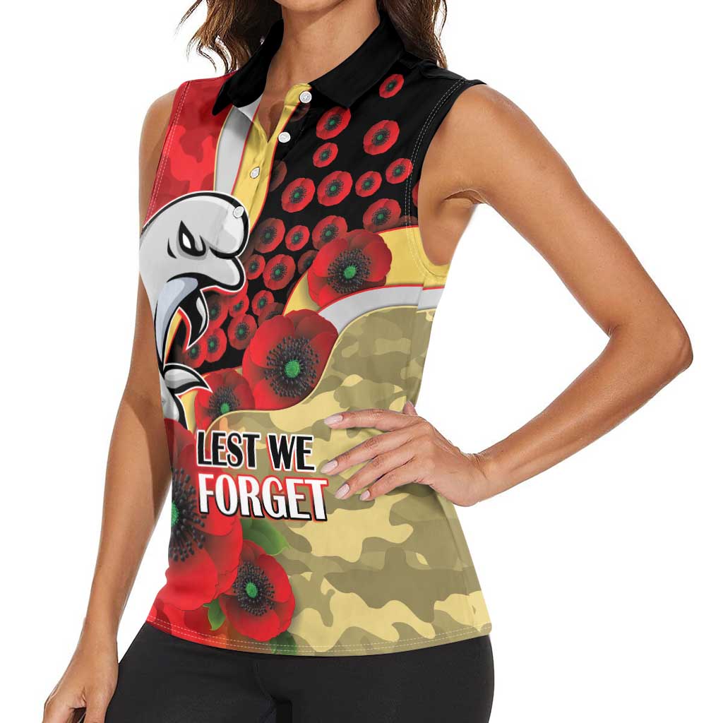 Redcliffe Dolphins ANZAC Personalised Women Sleeveless Polo Shirt Lest We Forget Poppy Camo