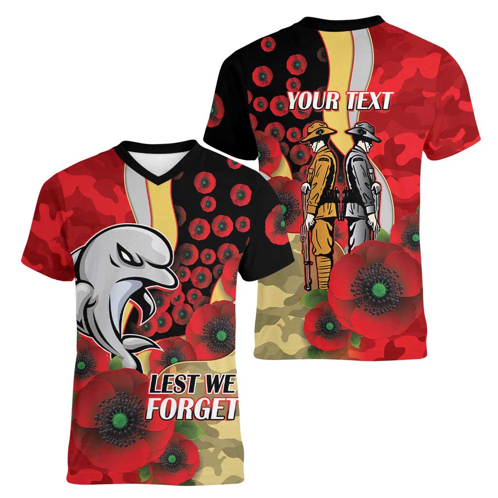 Redcliffe Dolphins ANZAC Personalised Women V-Neck T-Shirt Lest We Forget Poppy Camo