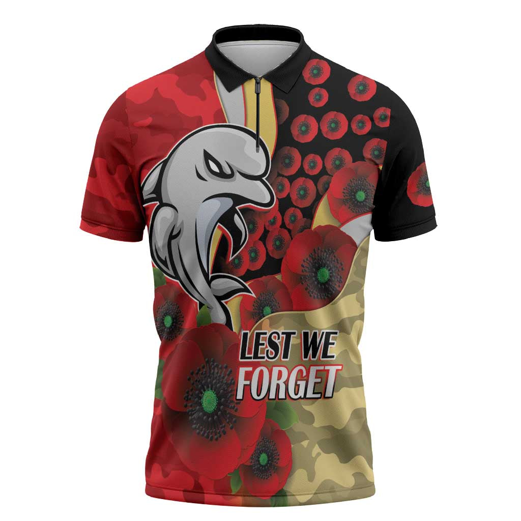 Redcliffe Dolphins ANZAC Personalised Zipper Polo Shirt Lest We Forget Poppy Camo