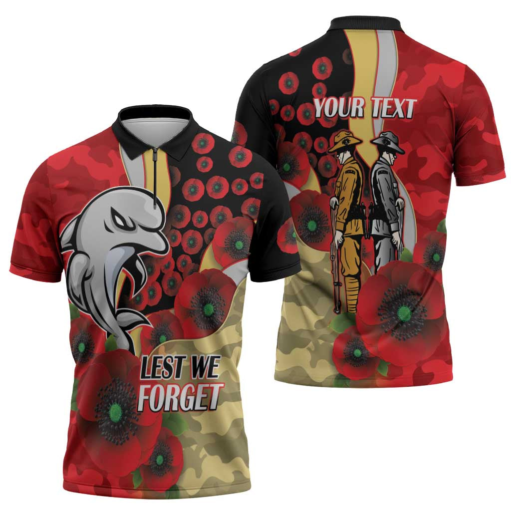 Redcliffe Dolphins ANZAC Personalised Zipper Polo Shirt Lest We Forget Poppy Camo