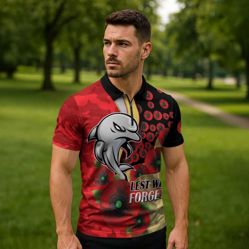 Redcliffe Dolphins ANZAC Personalised Zipper Polo Shirt Lest We Forget Poppy Camo