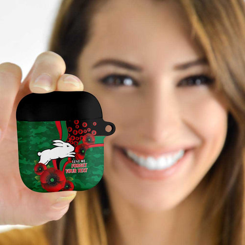 South Sydney Rabbitohs ANZAC Personalised AirPods Case Lest We Forget Poppy Camo