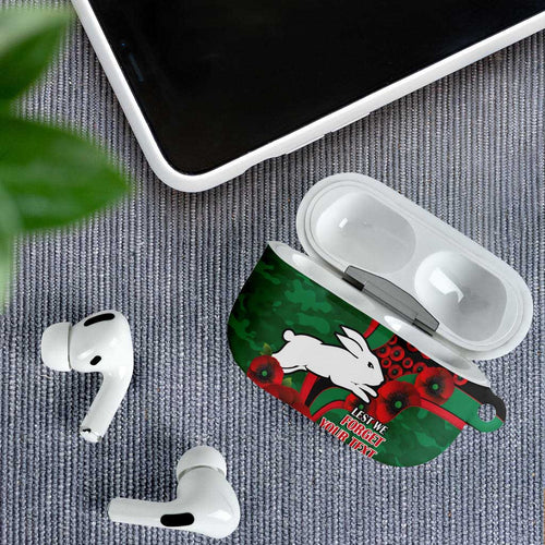 South Sydney Rabbitohs ANZAC Personalised AirPods Case Lest We Forget Poppy Camo