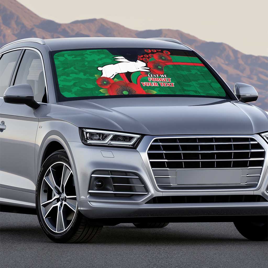 South Sydney Rabbitohs ANZAC Personalised Auto Sun Shade Lest We Forget Poppy Camo