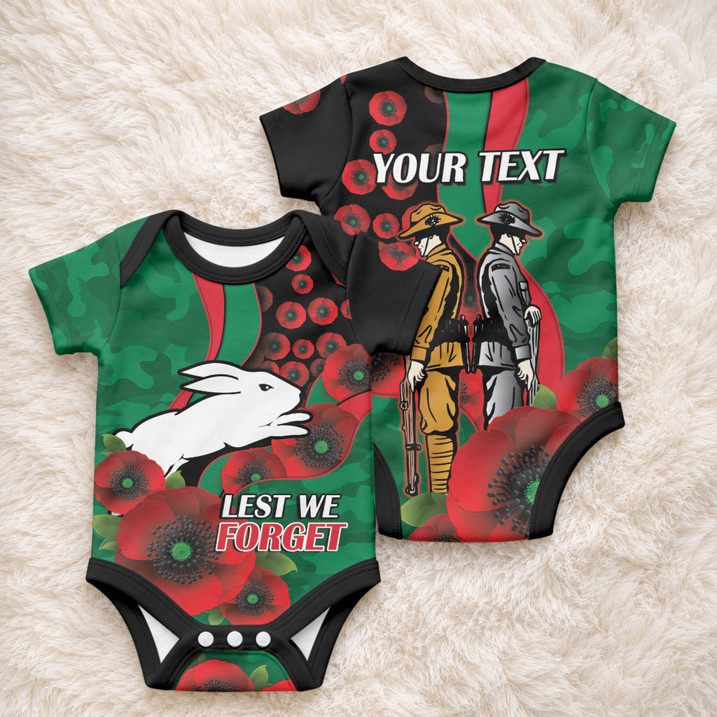 South Sydney Rabbitohs ANZAC Personalised Baby Onesie Lest We Forget Poppy Camo