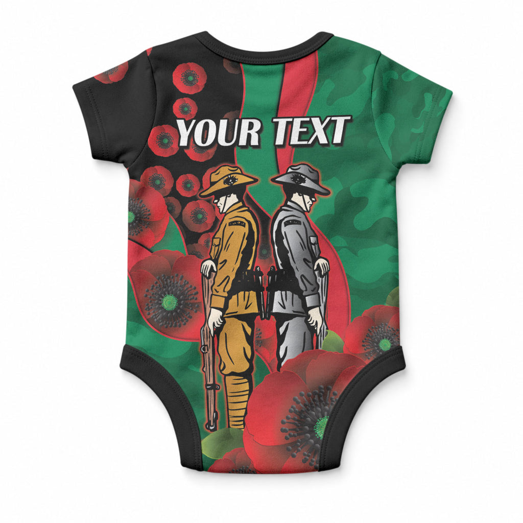 South Sydney Rabbitohs ANZAC Personalised Baby Onesie Lest We Forget Poppy Camo