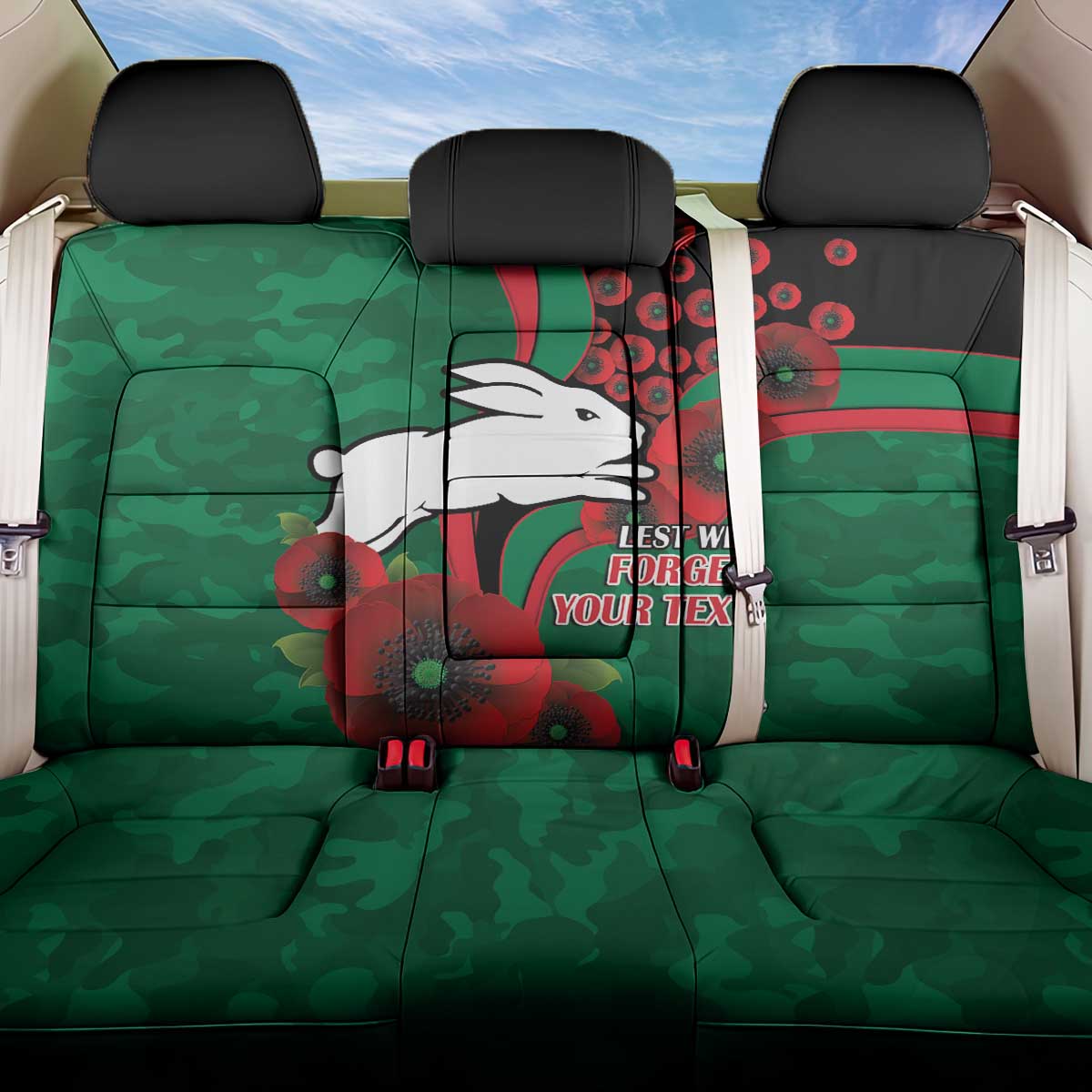 South Sydney Rabbitohs ANZAC Personalised Back Car Seat Cover Lest We Forget Poppy Camo