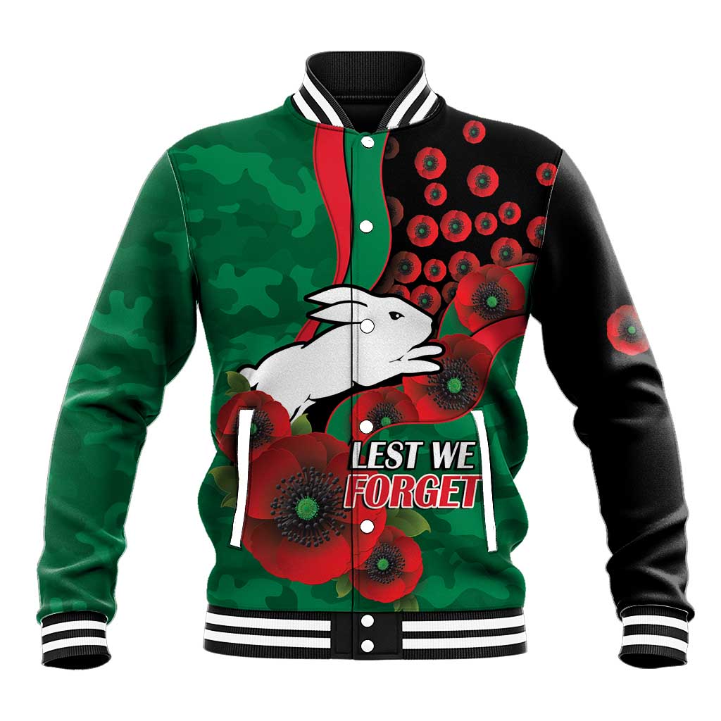 South Sydney Rabbitohs ANZAC Personalised Baseball Jacket Lest We Forget Poppy Camo