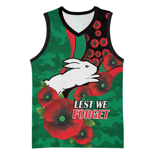 South Sydney Rabbitohs ANZAC Personalised Basketball Jersey Lest We Forget Poppy Camo