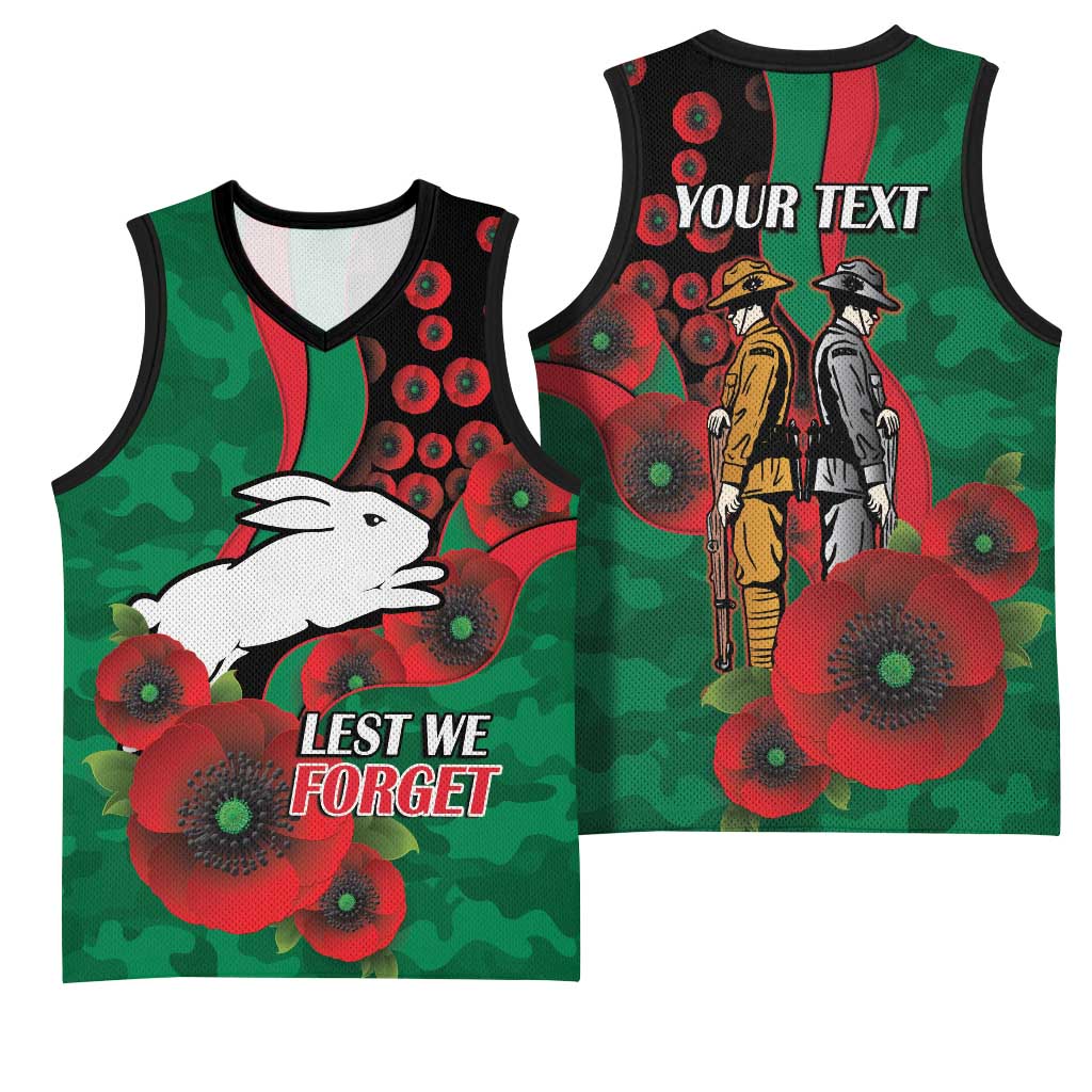 South Sydney Rabbitohs ANZAC Personalised Basketball Jersey Lest We Forget Poppy Camo