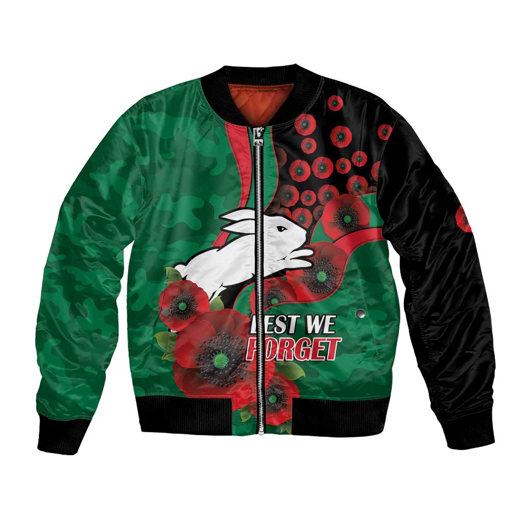 South Sydney Rabbitohs ANZAC Personalised Bomber Jacket Lest We Forget Poppy Camo