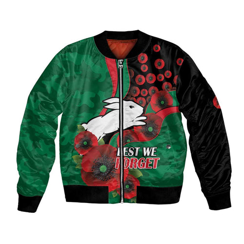 South Sydney Rabbitohs ANZAC Personalised Bomber Jacket Lest We Forget Poppy Camo