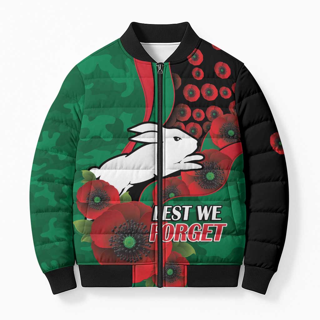 South Sydney Rabbitohs ANZAC Personalised Bomber Puffer Jacket Lest We Forget Poppy Camo