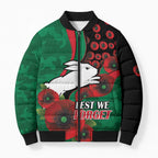 South Sydney Rabbitohs ANZAC Personalised Bomber Puffer Jacket Lest We Forget Poppy Camo