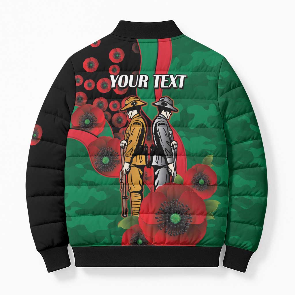 South Sydney Rabbitohs ANZAC Personalised Bomber Puffer Jacket Lest We Forget Poppy Camo
