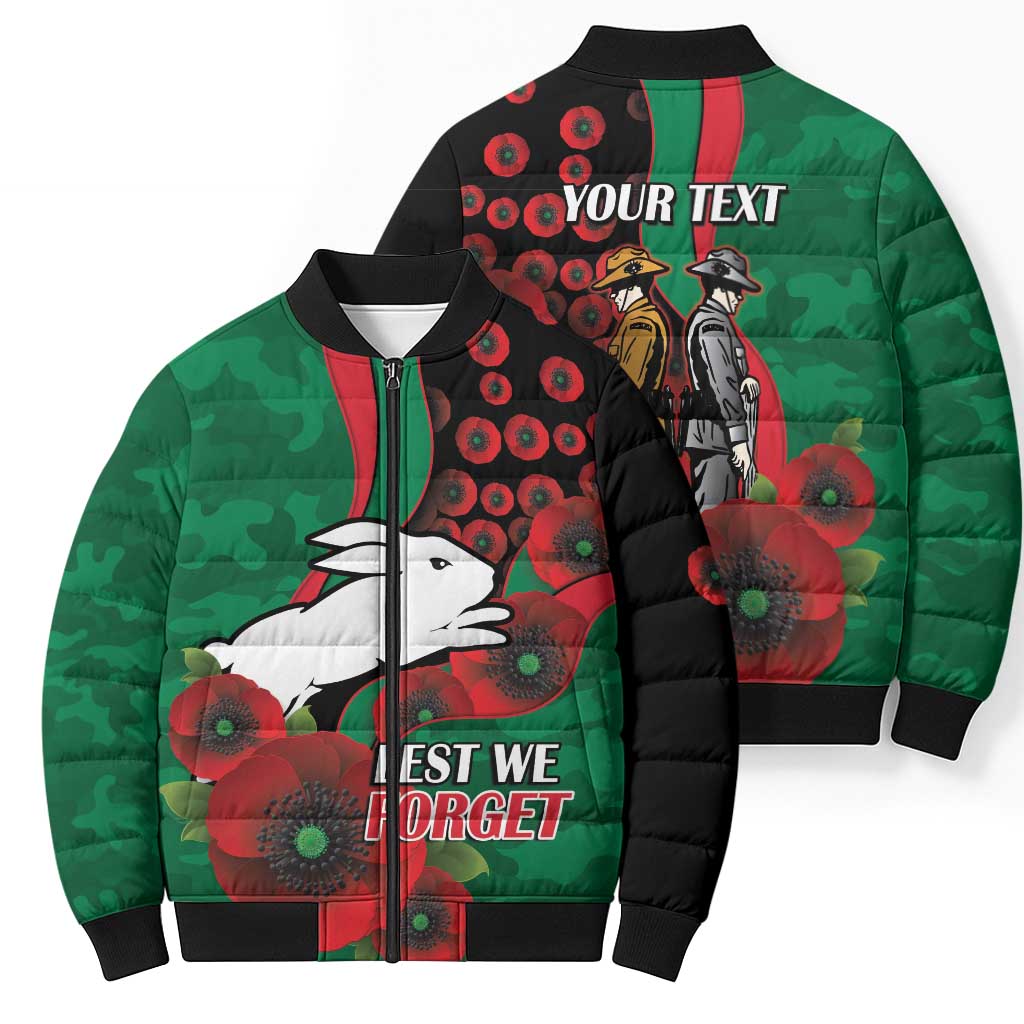 South Sydney Rabbitohs ANZAC Personalised Bomber Puffer Jacket Lest We Forget Poppy Camo