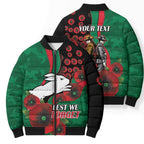 South Sydney Rabbitohs ANZAC Personalised Bomber Puffer Jacket Lest We Forget Poppy Camo
